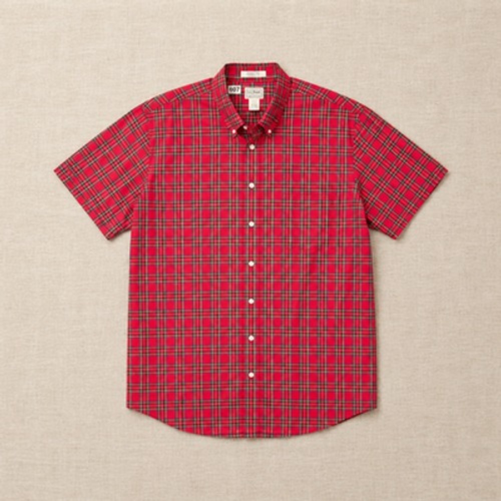 LL Bean Mens XLT Red Plaid Cotton Short Sleeve Wrinkle Free Button Down Shirt
